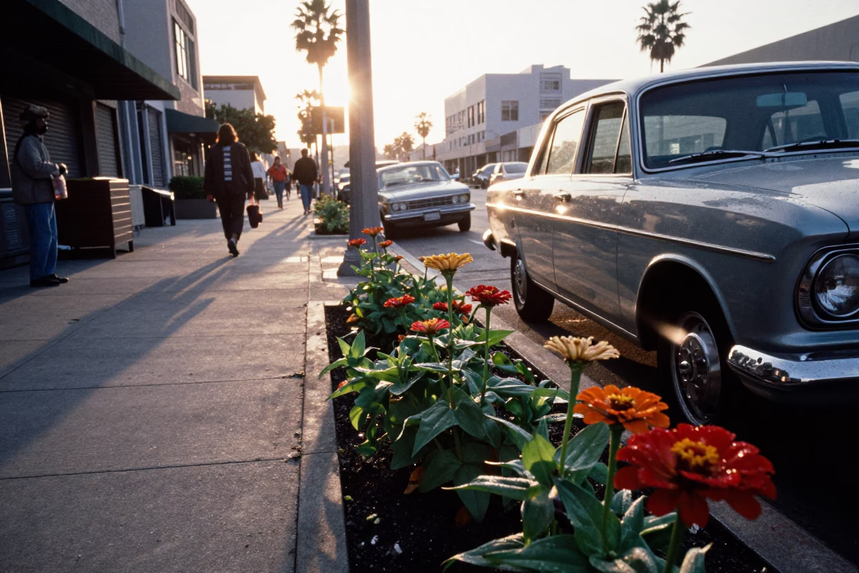 First Light Los Angeles Street Scene with Zinnias and Urban Details in in Los Angeles, California, United States