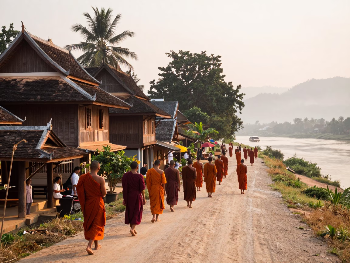 First Light Morning Alms Ceremony Along Mekong River in Luang Prabang Laos in in Luang Prabang, Laos