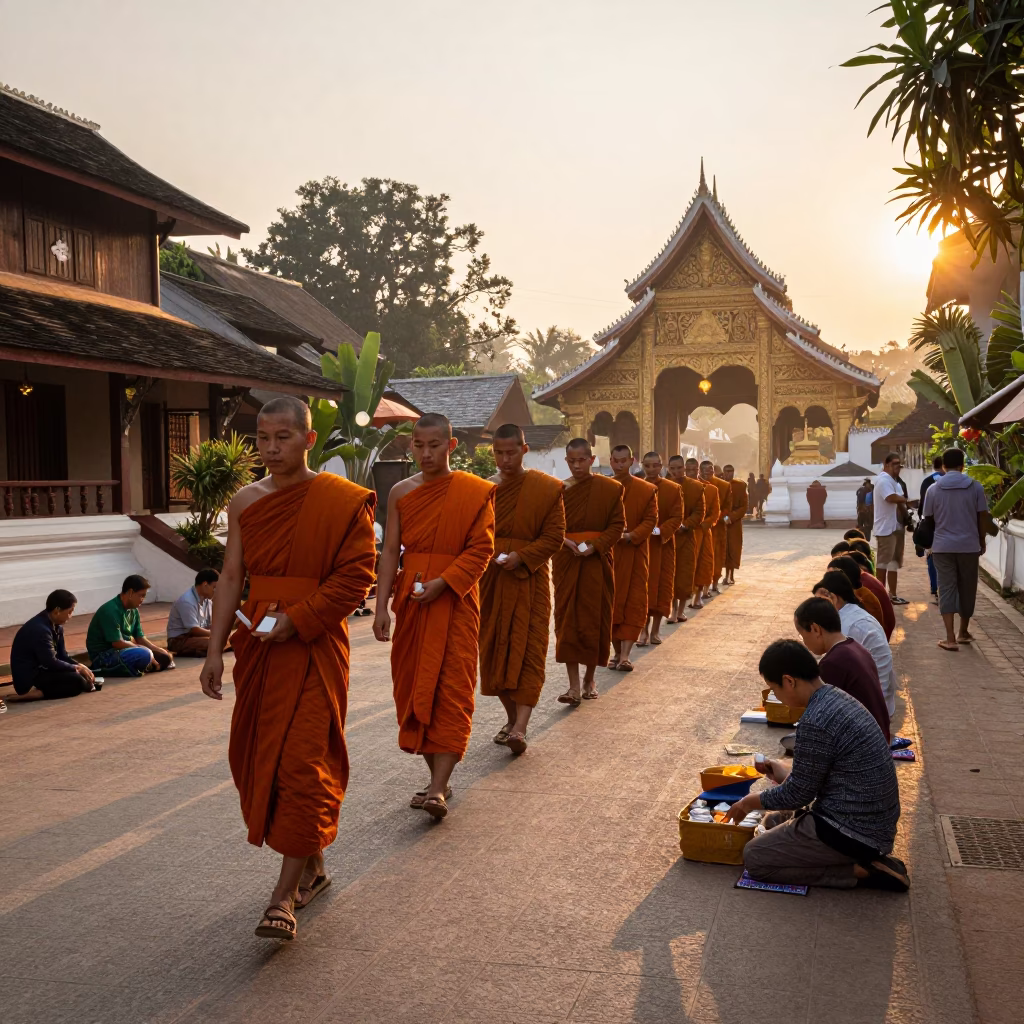 First Light Morning Alms Giving Ceremony in Luang Prabang Laos with Monks and Locals in in Luang Prabang, Laos
