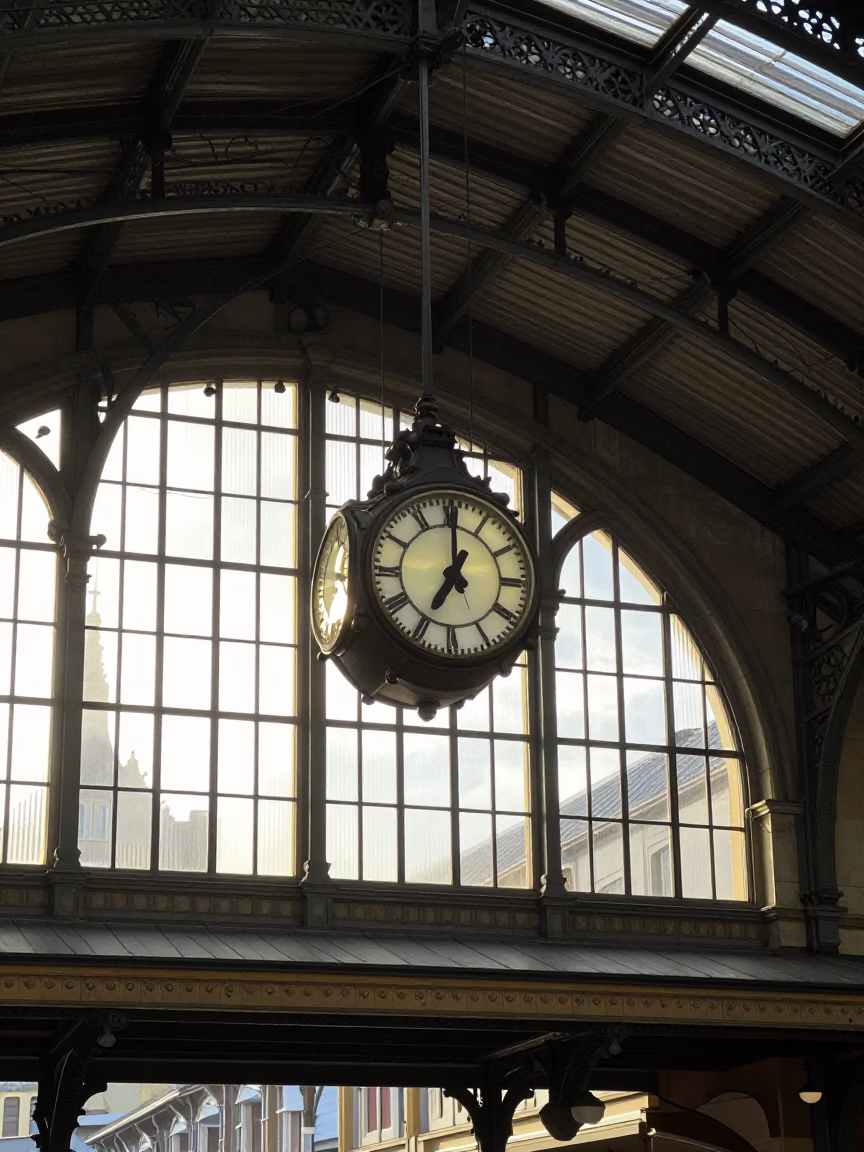 First Light Morning at Christchurch Railway Station Clock Under Iron Roof in in Christchurch, New Zealand