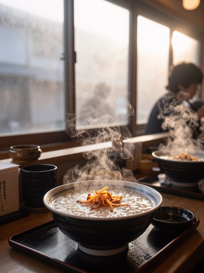 First Light Morning Breakfast at Sapporo Ramen Shop with Clear Glass Tray in in Sapporo, Japan