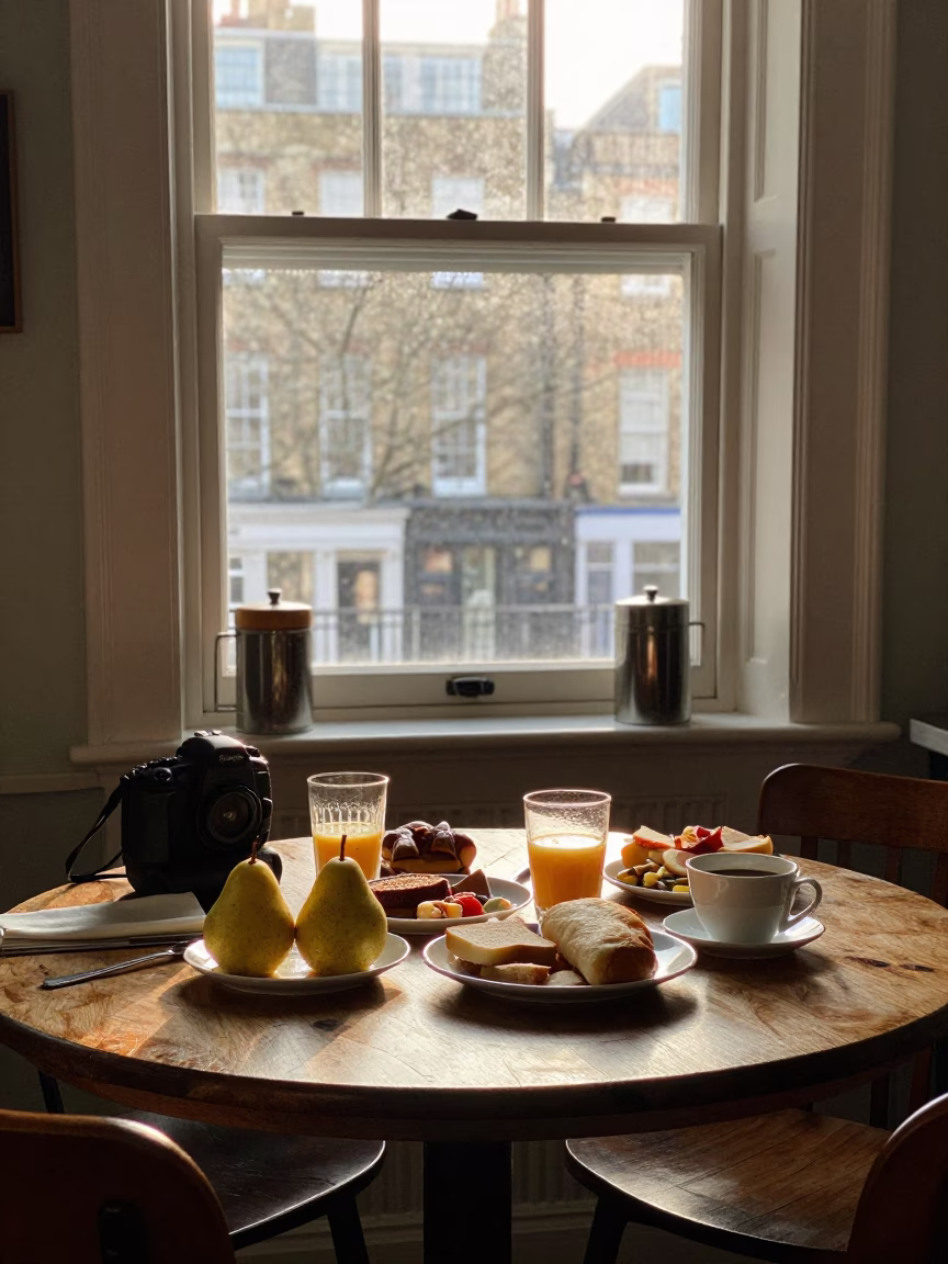 First Light Morning Breakfast in London Flat with Pears and Egg Cup in in London, United Kingdom