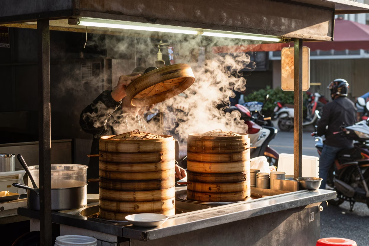 First Light Morning Breakfast Stall with Bamboo Steamers and Spice Jars in Kaohsiung Taiwan in in Kaohsiung, Taiwan
