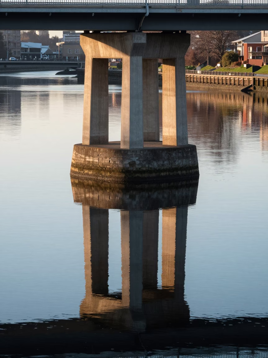 First Light Morning Bridge Pier Reflection in Portland Oregon Mirror Still Water in in Portland, Oregon, United States
