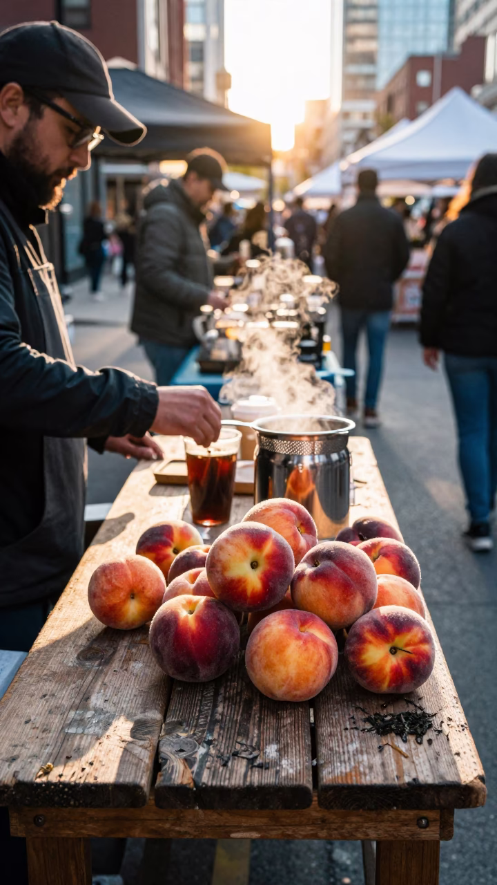 First Light Morning Coffee and Nectarines at Toronto Street Market in in Toronto, Ontario, Canada