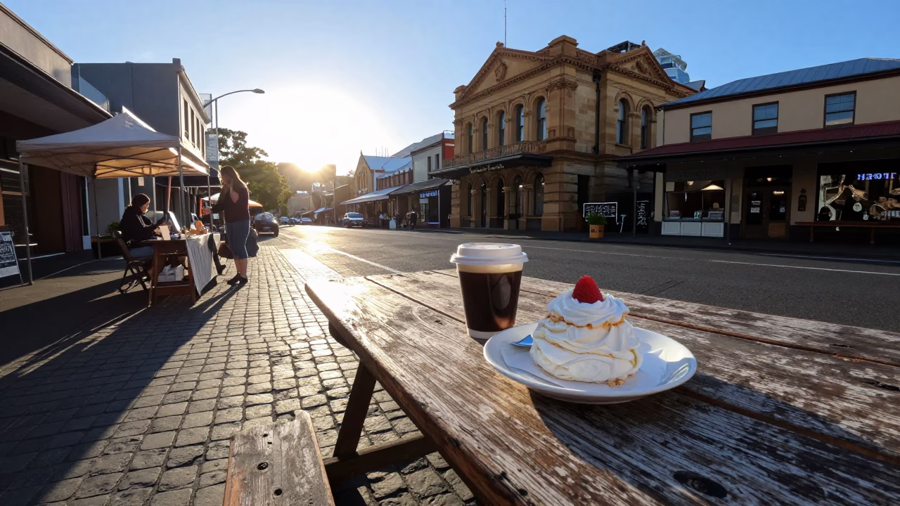 First Light Morning Coffee and Pavlova at Salamanca Market Hobart Tasmania Australia in in Hobart, Tasmania, Australia