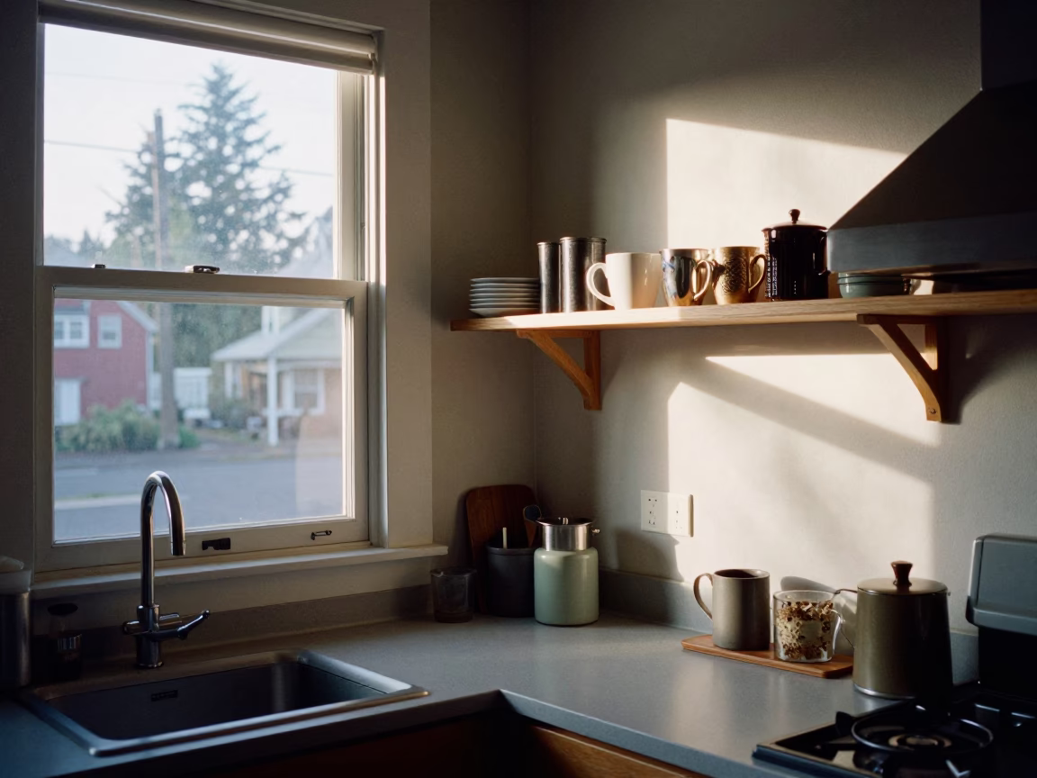 First Light Morning Coffee and Window Shelf in Portland Oregon Neighborhood in in Portland, Oregon, United States