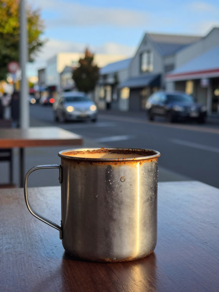 First Light Morning Coffee at Christchurch Cafe with Rusty Cup and Condensation in in Christchurch, New Zealand
