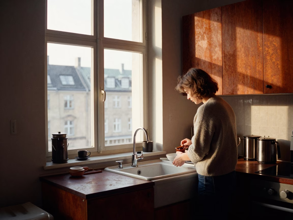 First Light Morning Coffee Routine in Copenhagen Apartment with Rusty Basin and Heirloom Key in in Copenhagen, Denmark