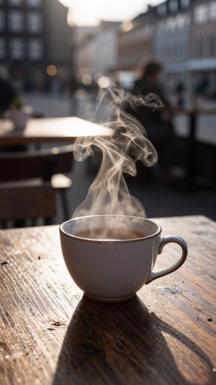 First Light Morning Coffee Scene in Copenhagen Denmark with Condensation and Teacups in in Copenhagen, Denmark