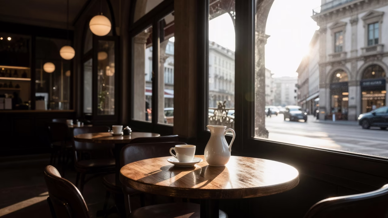 First Light Morning Coffee Scene in Historic Milan Italy Street Corner Cafe in in Milan, Italy