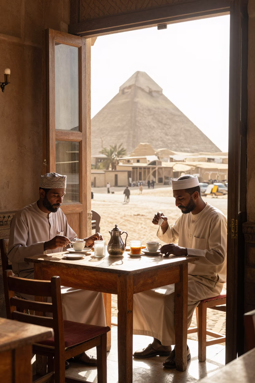 First Light Morning Coffee Scene in Luxor Egypt with Glass Sugar Jar and Bottle in in Luxor, Egypt