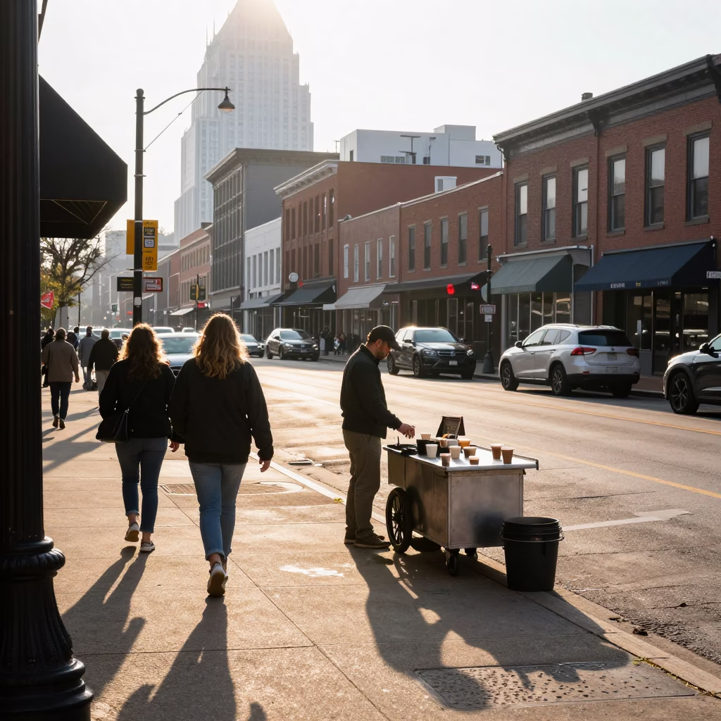 First Light Morning Coffee Scene on Nashville Tennessee Street with Vietnamese Egg Coffee in in Nashville, Tennessee, United States
