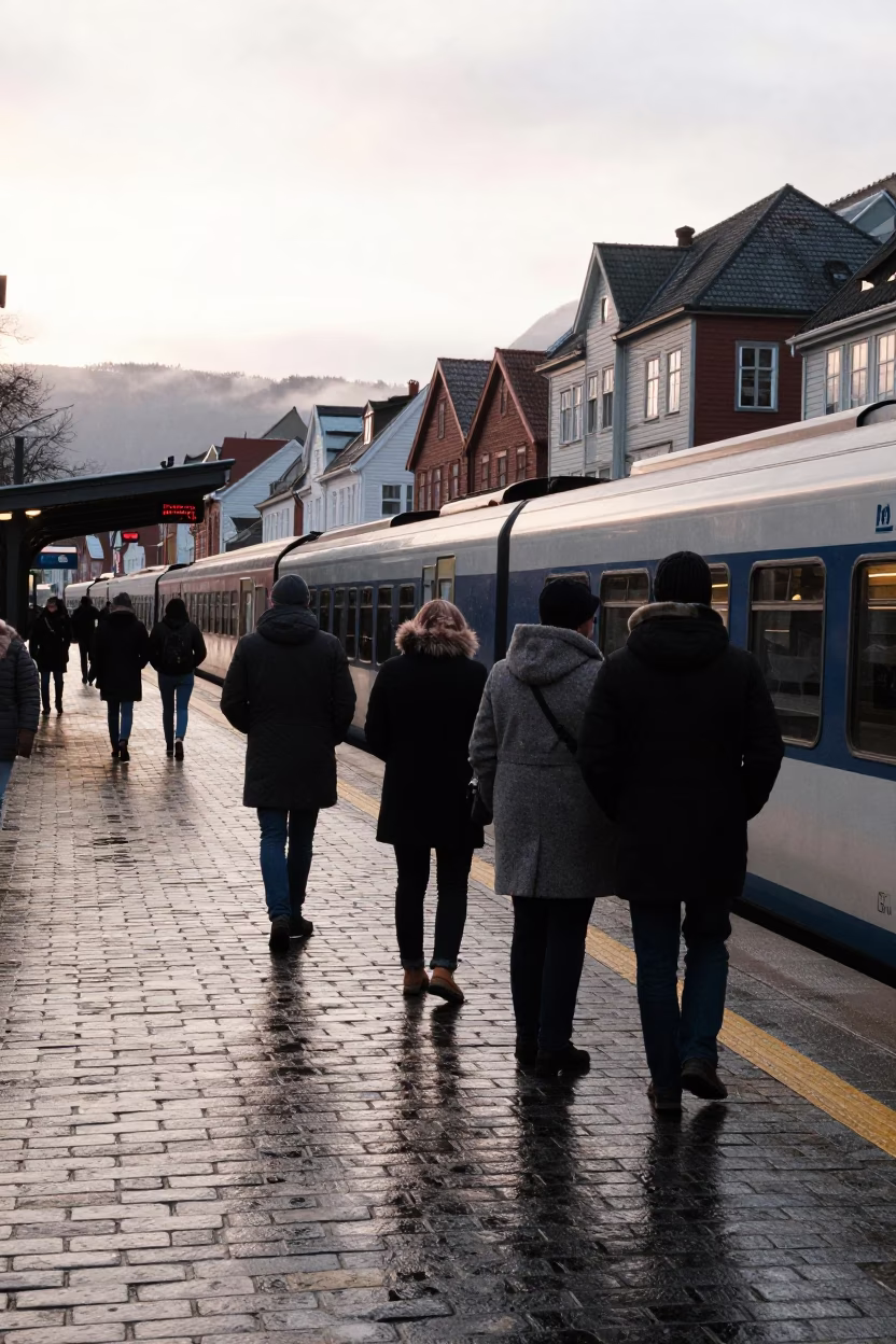 First Light Morning Commute at Bergen Station Platform with Train Arrival in in Bergen, Norway