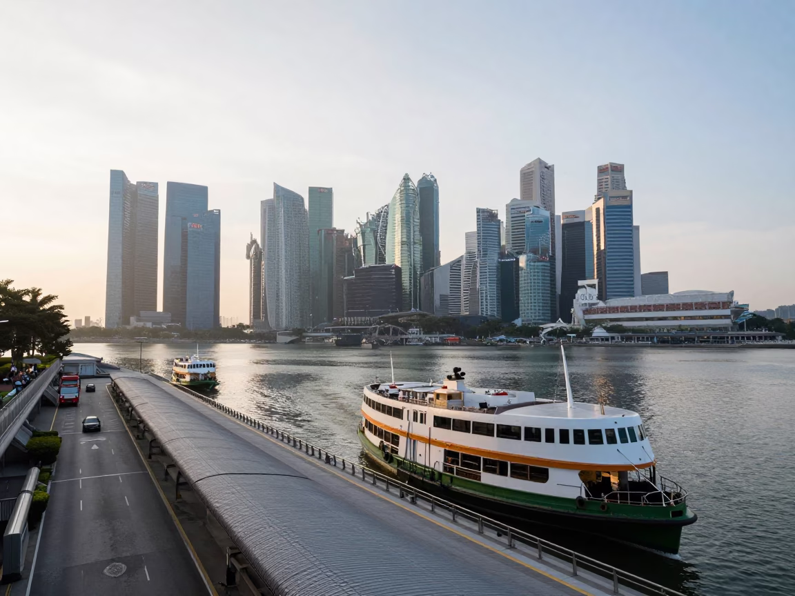 First Light Morning Commute at Singapore Marina Bay Ferry Terminal with Traditional Duckweed Pond in in Singapore, Singapore