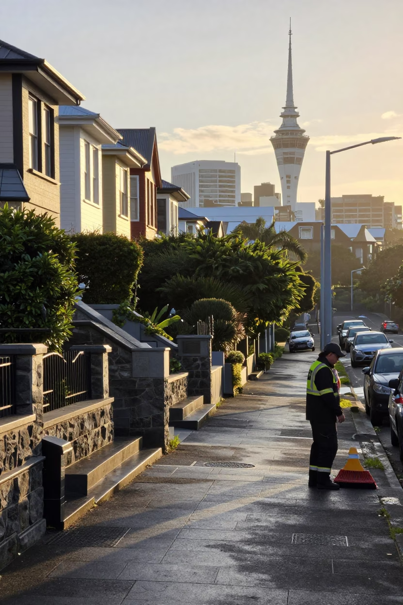 First Light Morning Commute in Auckland New Zealand with Broom and District Heating Pipe in in Auckland, New Zealand