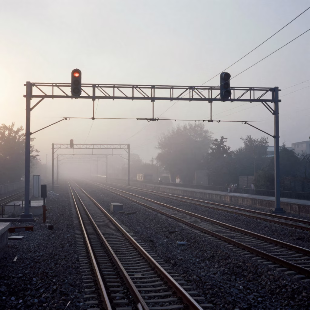 First Light Morning Commute in Madrid Spain Along Parallel Rail Lines in in Madrid, Spain