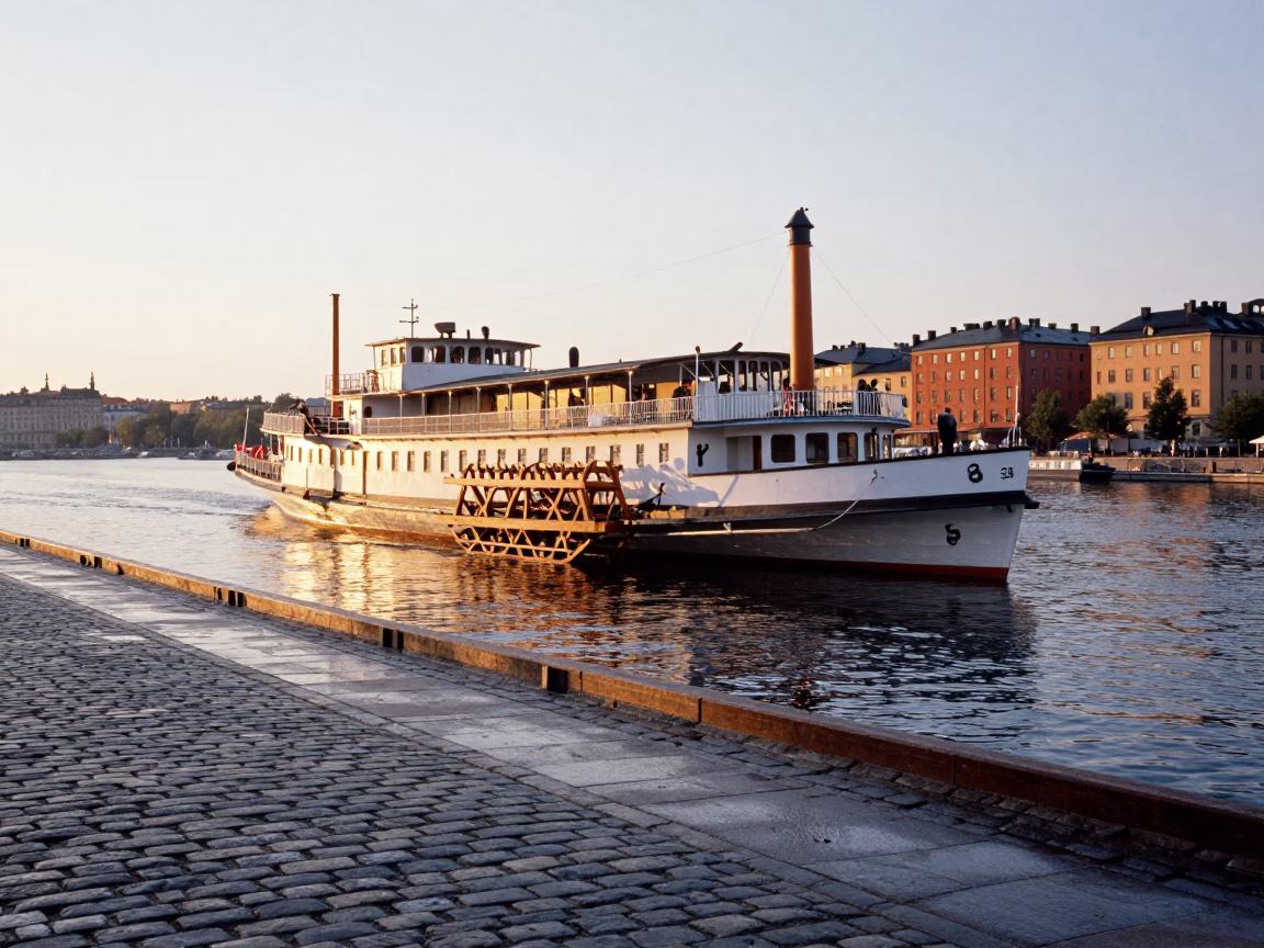 First Light Morning Commute in Stockholm Sweden with Paddlewheel Steamboat on Water in in Stockholm, Sweden