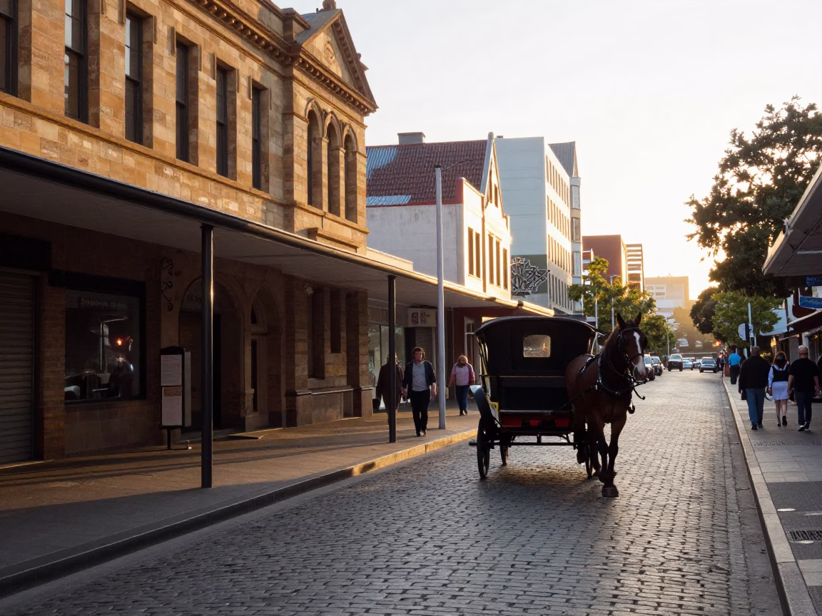 First Light Morning Commute on Adelaide South Australia Cobblestone Street in in Adelaide, South Australia, Australia