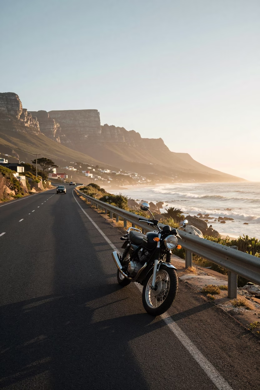 First Light Morning Commute on Cape Town Coastal Highway with Vintage Motorcycle in in Cape Town, South Africa