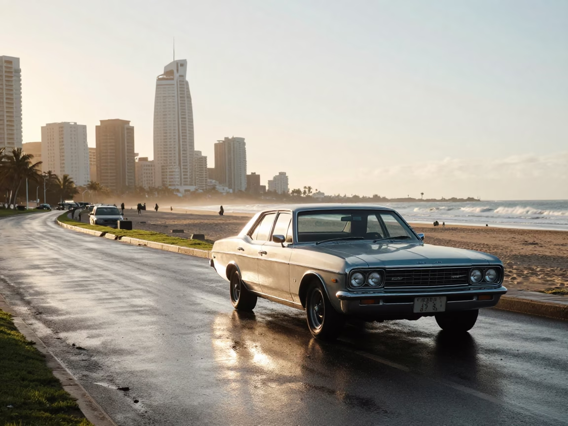 First Light Morning Commute on Durban Beachfront Promenade with Vintage Car and Coffee Stall in in Durban, South Africa
