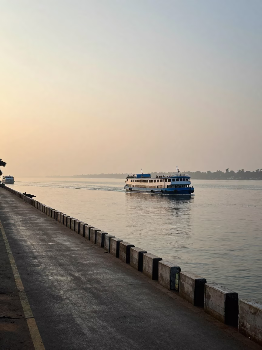 First Light Morning Commute on Kochi Marine Drive with Ferry and City Skyline in in Kochi, India