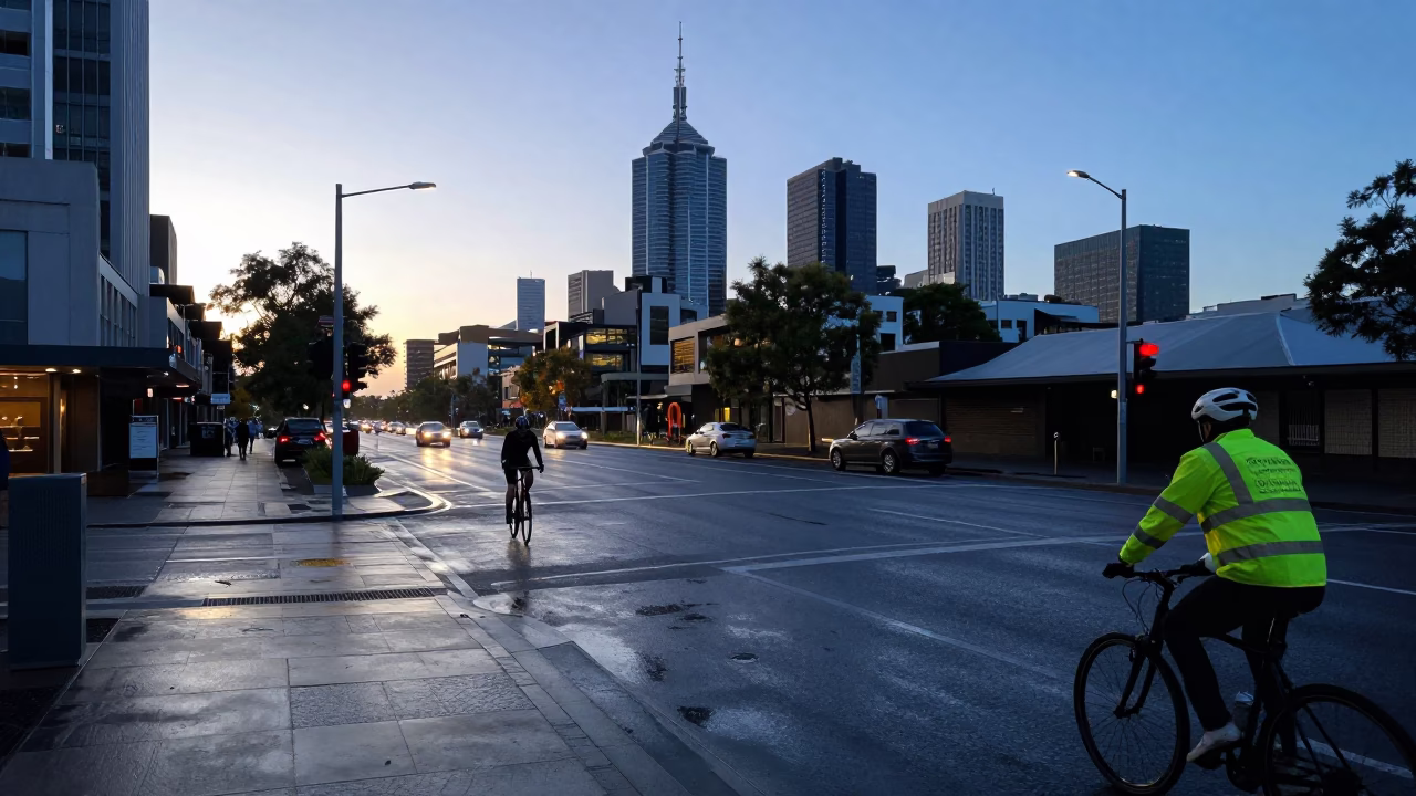 First Light Morning Commute on Melbourne Street with Cyclist and Urban Architecture in in Melbourne, Victoria, Australia