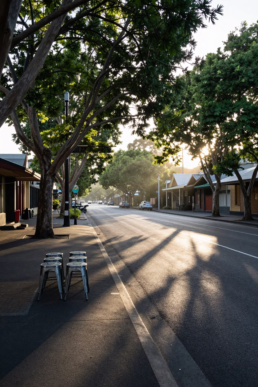 First Light Morning Commute on Melbourne Street with Vintage Metal Stools in in Melbourne, Victoria, Australia