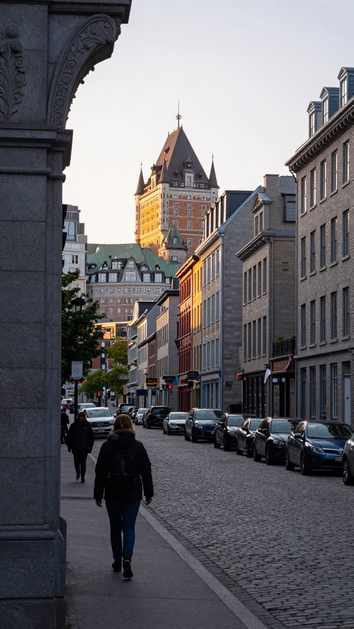 First Light Morning Commute on Montreal Cobblestone Street with Scarf and Doorframe in in Montreal, Quebec, Canada