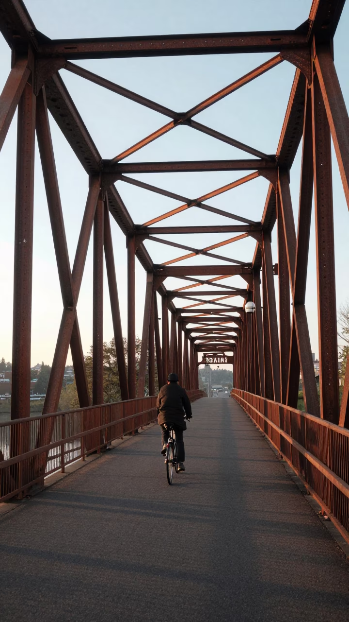 First Light Morning Commute on Portland Steel Bridge with Pedestrian Path and City Skyline in in Portland, Oregon, United States