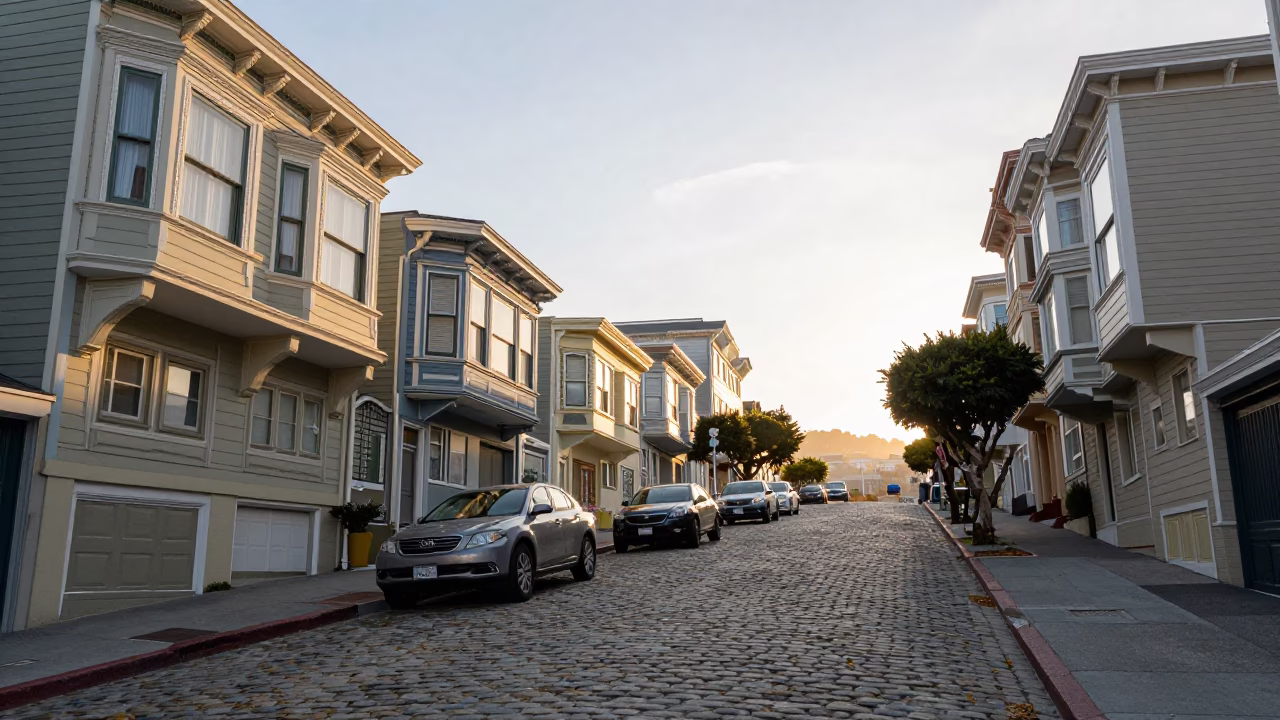 First Light Morning Commute on San Francisco Cobblestone Street with Paperbacks and Local Cafe in in San Francisco, California, United States