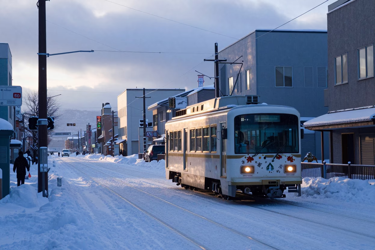 First Light Morning Commute on Snowy Sapporo Street with Tram and Pedestrians in in Sapporo, Japan