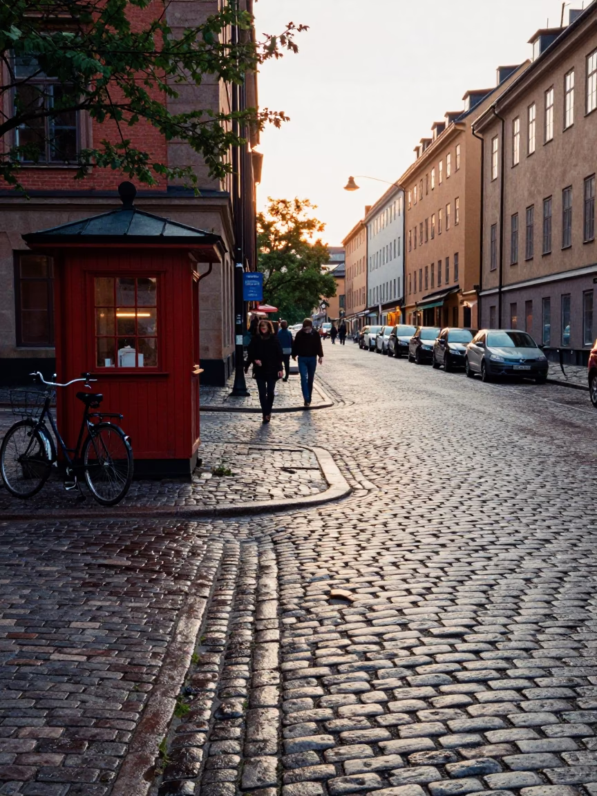 First Light Morning Commute on Stockholm Södermalm Cobblestone Street in in Stockholm, Sweden