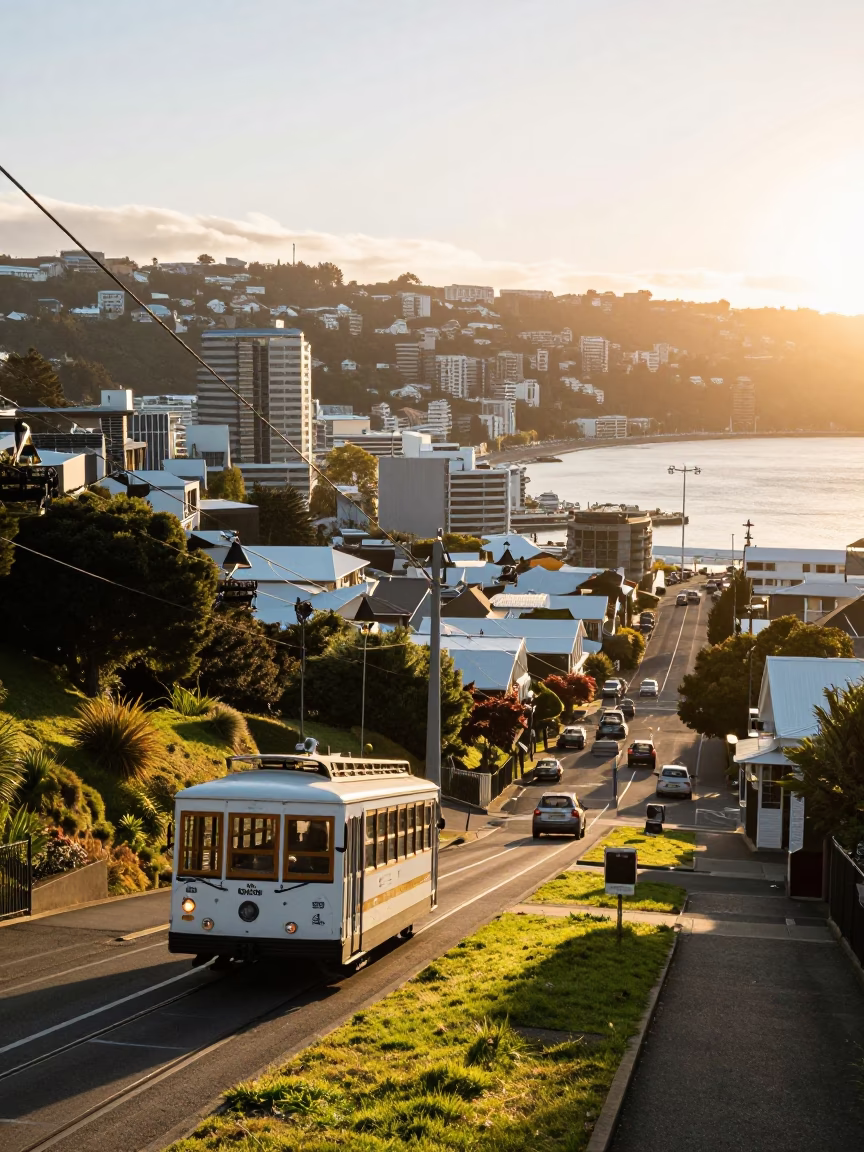 First Light Morning Commute on Wellington Cable Car Line with City Skyline View in in Wellington, New Zealand