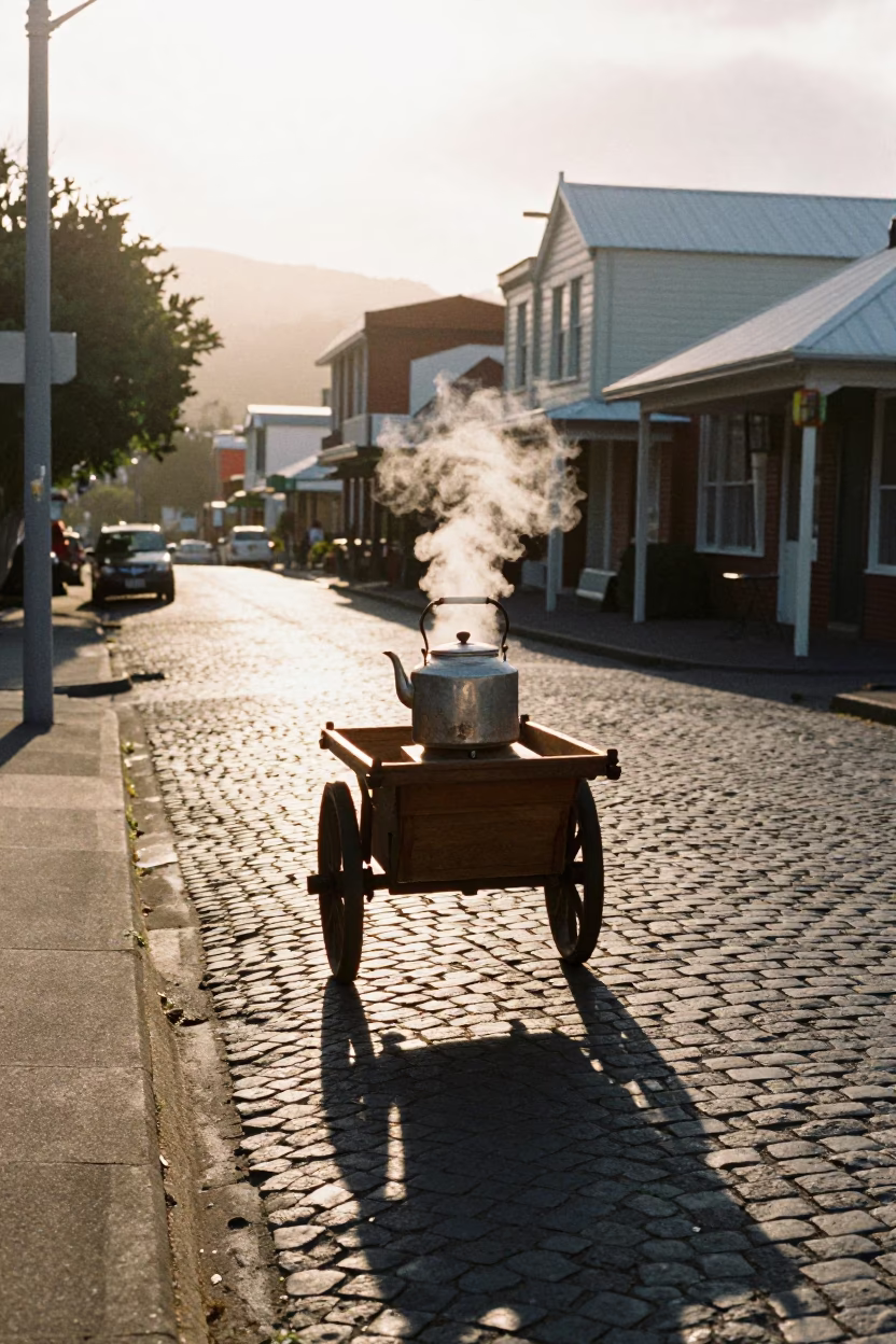 First Light Morning Commute on Wellington Cobblestone Street with Vintage 1950s Details in in Wellington, New Zealand