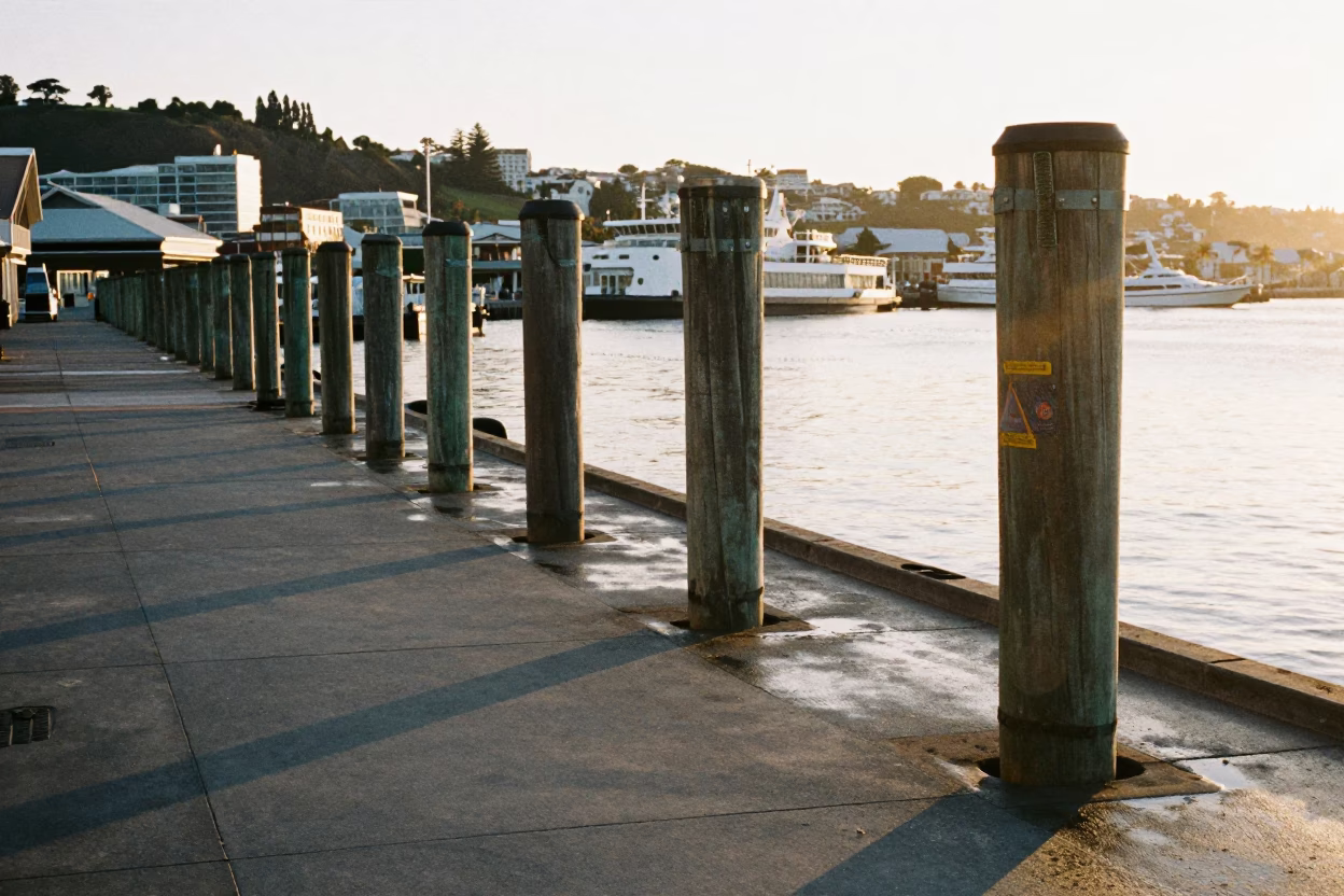First Light Morning Commute on Wellington Ferry Terminal Wharf with Glass Goblet Reflection in in Wellington, New Zealand