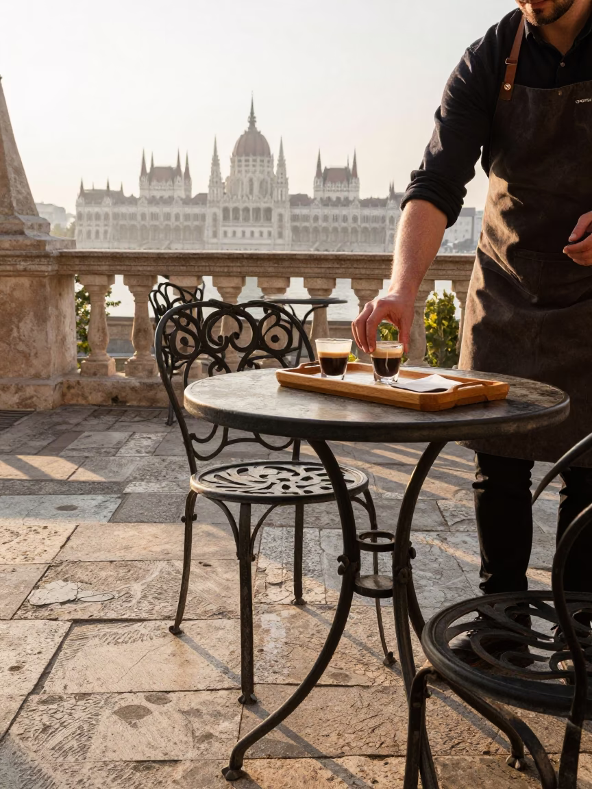 First Light Morning Espresso and Wooden Tray on Budapest Cafe Terrace in in Budapest, Hungary