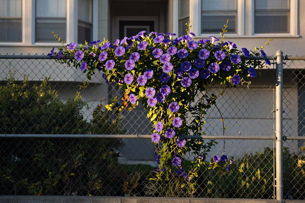 First Light Morning Glory Climbing Chain Link Fence in San Francisco Neighborhood in in San Francisco, California, United States