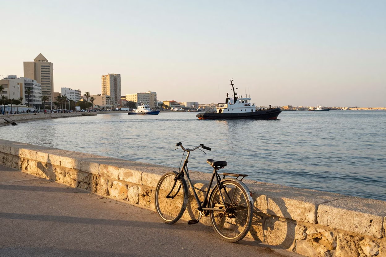 First Light Morning in Alexandria Egypt Harbor with Bicycle and Tugboat in in Alexandria, Egypt