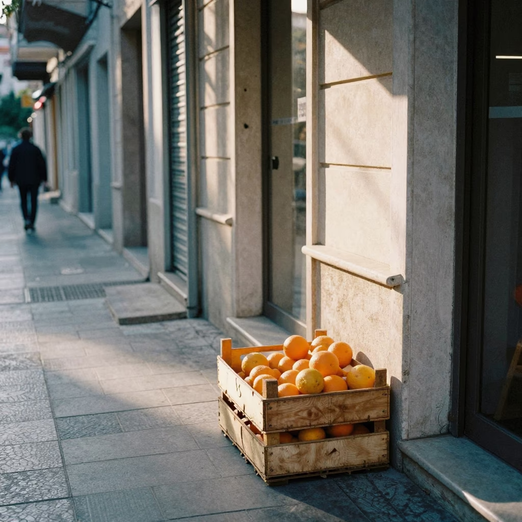 First Light Morning in Athens Greece Street Scene with Fruit Crate and Urban Details in in Athens, Greece