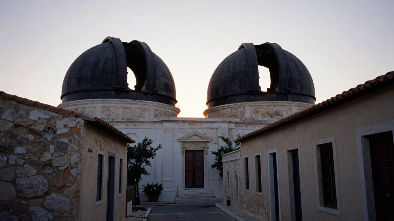 First Light Morning in Athens Greece with Old Observatory Dome and Street Scene in in Athens, Greece