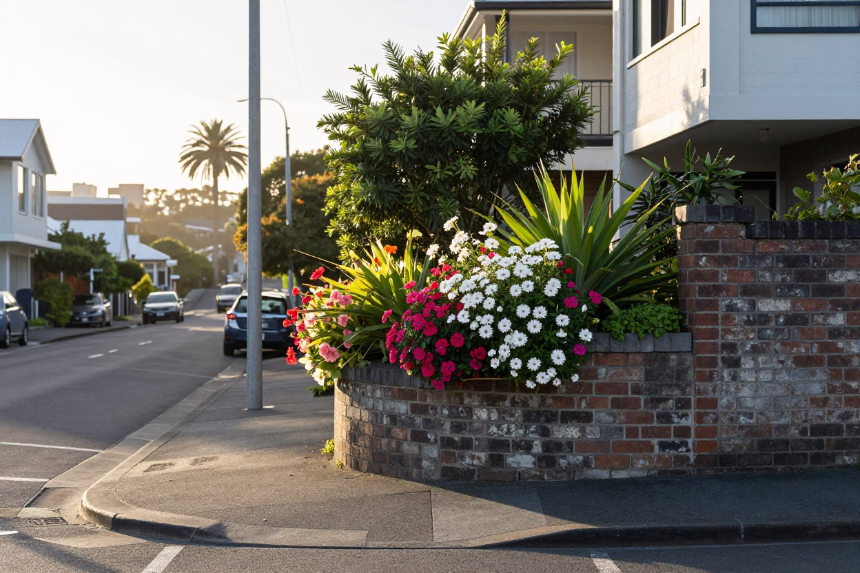 First Light Morning in Auckland NZ Street Scene with Vibrant Zinnias and Local Architecture in in Auckland, New Zealand