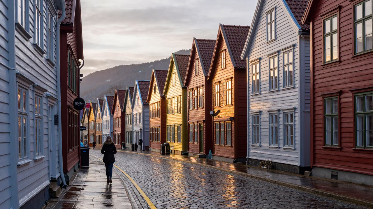 First Light Morning in Bergen Norway Cobblestone Street Scene in in Bergen, Norway
