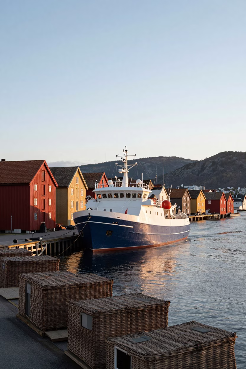 First Light Morning in Bergen Norway with Research Vessel and Wicker Shadow in in Bergen, Norway