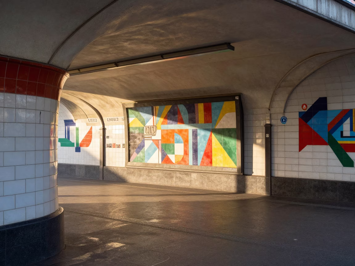 First Light Morning in Berlin Germany Metro Station Art Adorned and Train Arrival in in Berlin, Germany