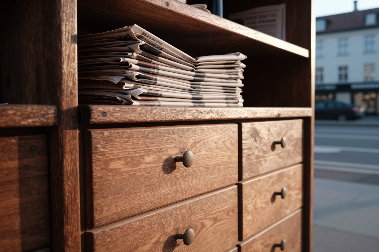 First Light Morning in Berlin Germany Newspaper Stack and Shelf Bracket Detail in in Berlin, Germany