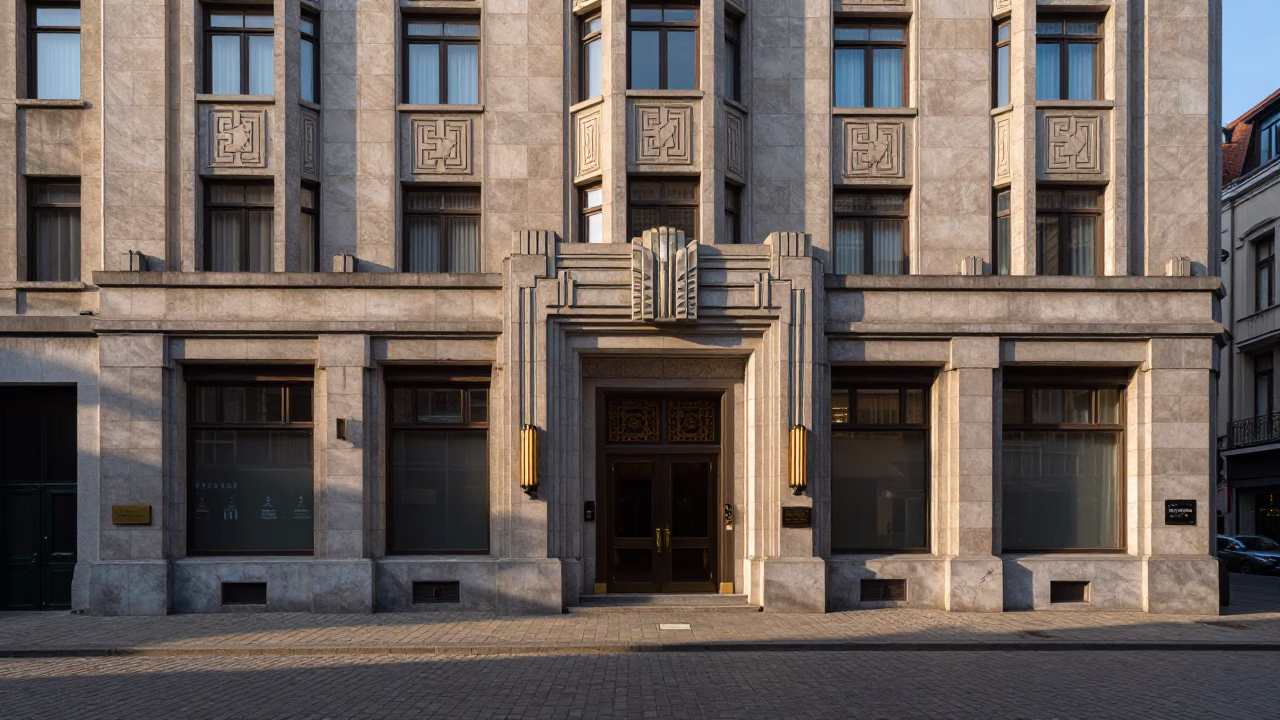 First Light Morning in Brussels Belgium Art Deco Hotel Facade and Quiet Street Scene in in Brussels, Belgium
