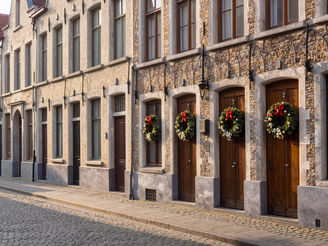 First Light Morning in Brussels Belgium Street Scene with Door Wreaths and Cobblestone Architecture in in Brussels, Belgium