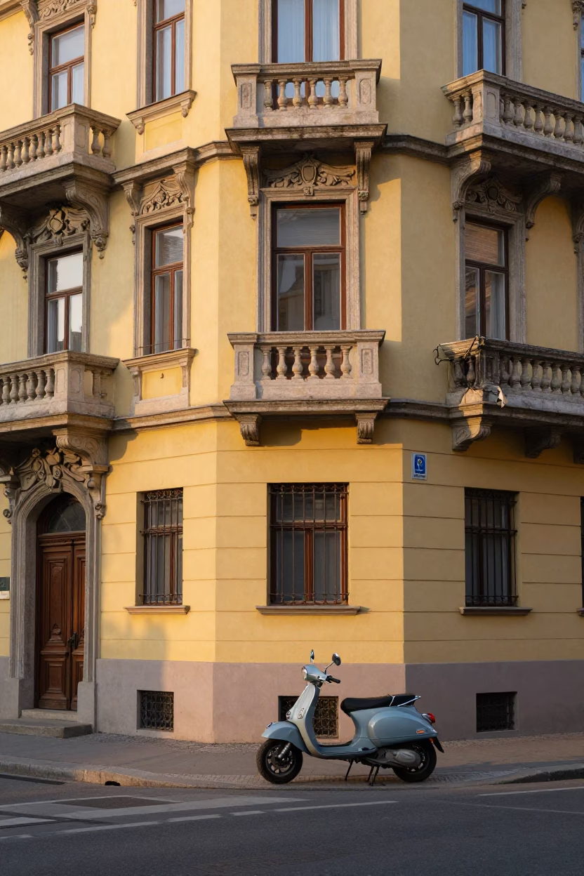 First Light Morning in Budapest Hungary Street Scene with Vintage Scooter and Colorful Architecture in in Budapest, Hungary