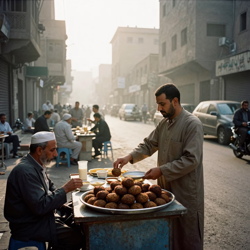 First Light Morning in Cairo Egypt Street Scene with Traditional Breakfast Items in in Cairo, Egypt